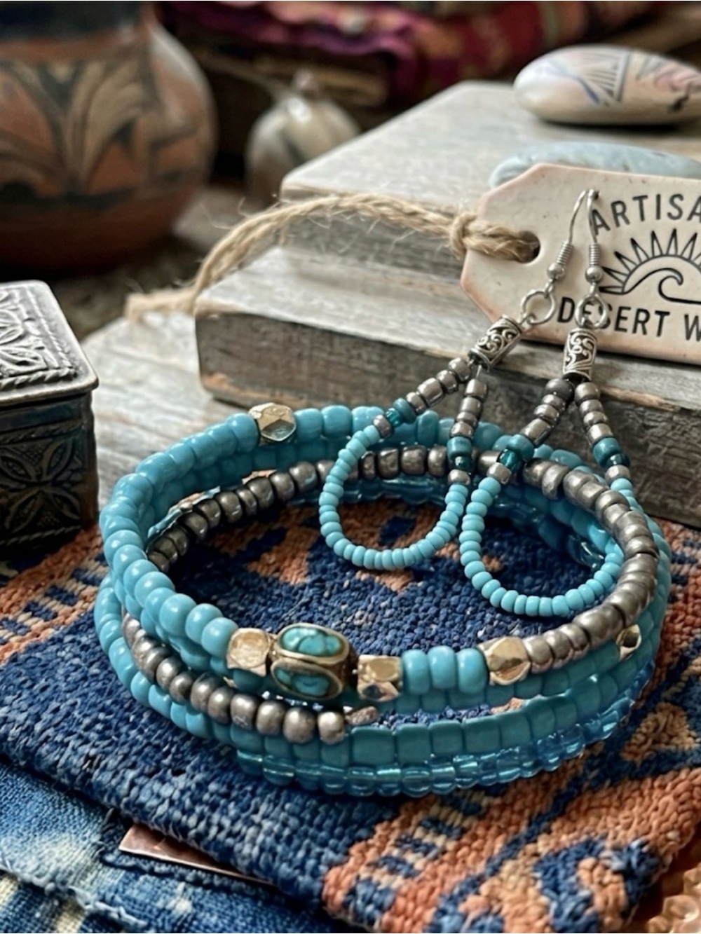 Artisan Turquoise & Silver Beaded Wrap Bracelet with Matching Earrings